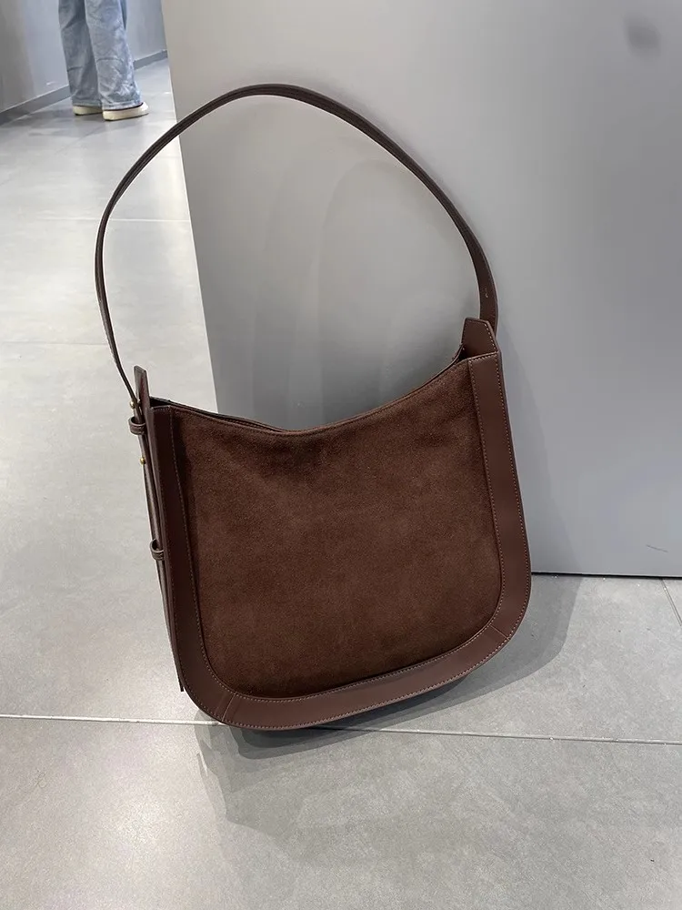 Suede Cowskin Women Single Shoulder Bag Spliced Design Fashion Autumn Office Lady Casual Genuine Leather Handabg Crossbody Bags