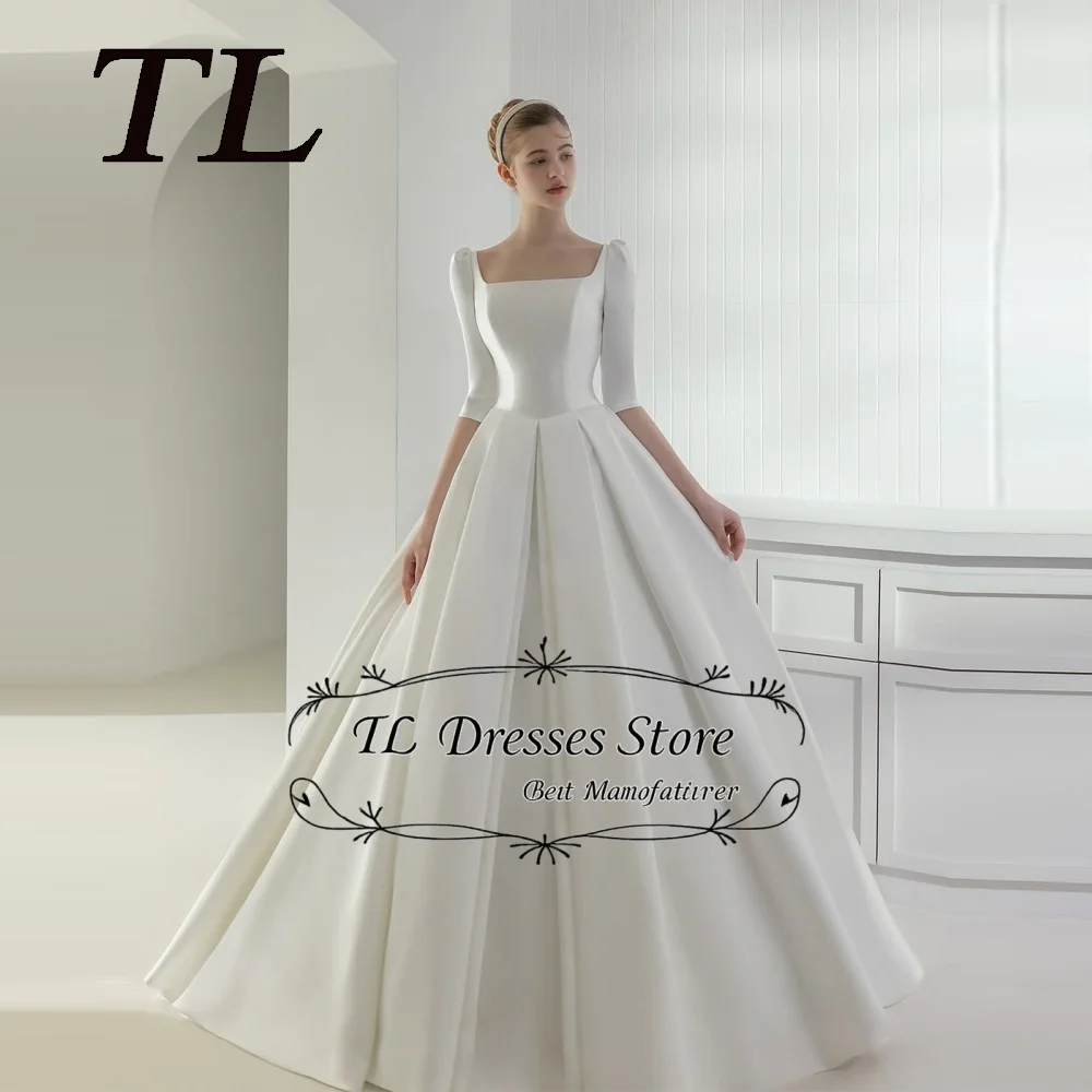 TL Korea Square Neck Half Sleeves Bride Dresses A-Line Ruched Wedding Dresses 웨딩드레스 Ivory Customized Pretty Bride Gowns