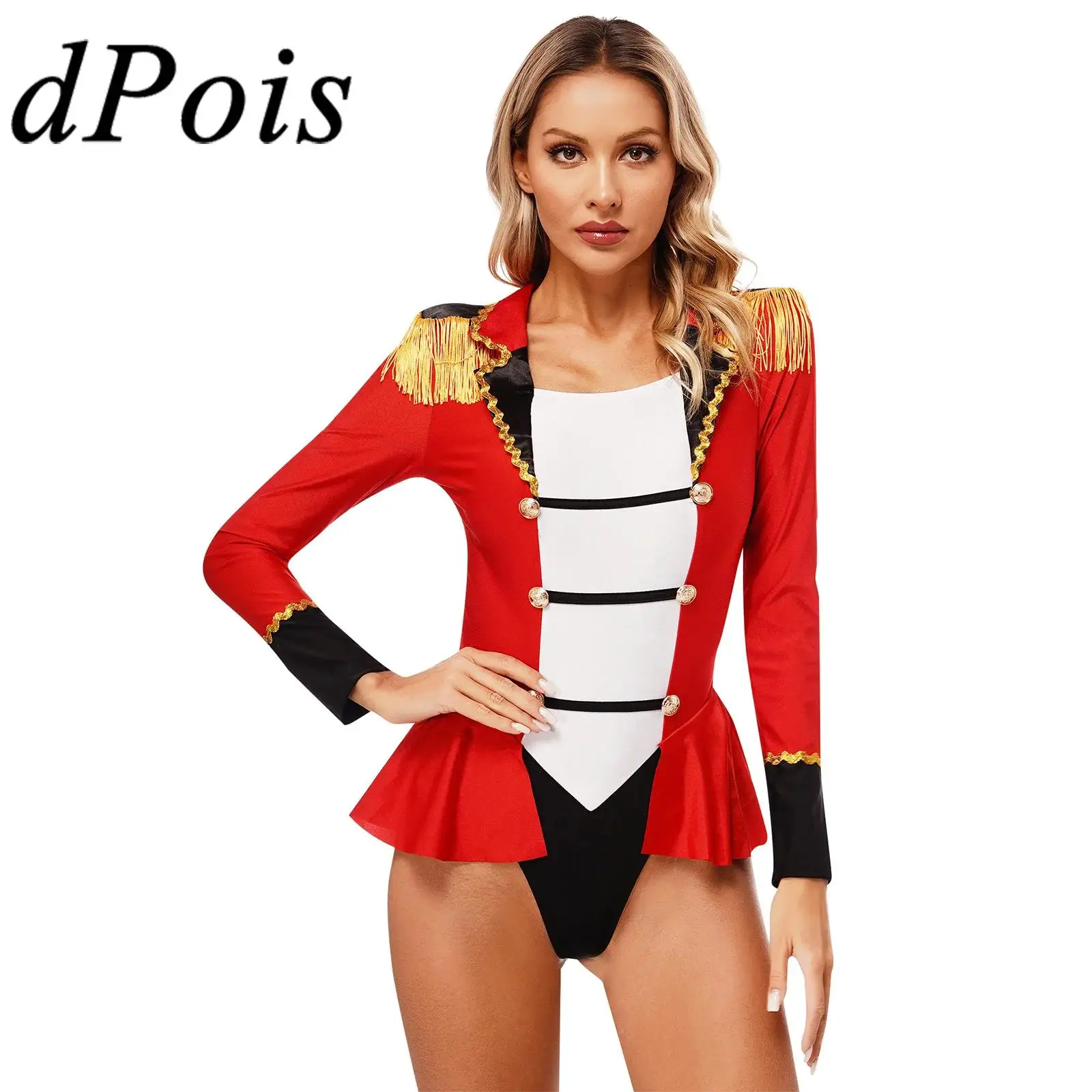 

Womens Circus Ringmaster Role Play Costume Halloween Showman Cosplay Jumpsuit Rave Carnival Party Long Sleeve Skirted Bodysuit