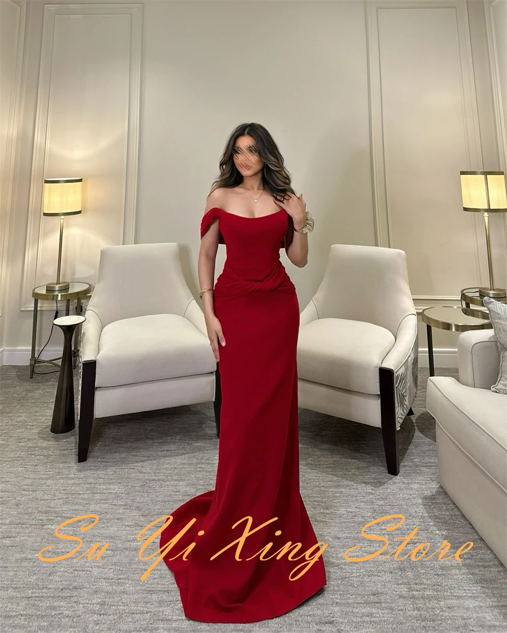 Customized  Graceful Ribbons Off the Shoulder Evening Dress Delicate Sheath Party Dress Classic Zipper Back Celebrity G