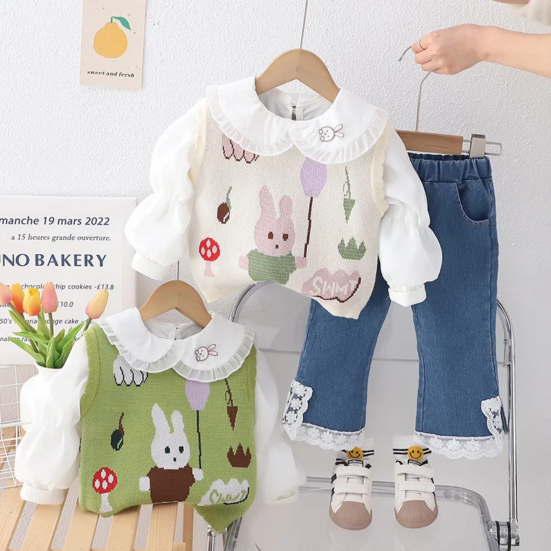 

Girls Clothes Sets Spring Autumn 2024 Children Knitted Vest Shirts Denim Pants 3pcs Jeans Suit For Baby Princess Outfits Kids 5Y