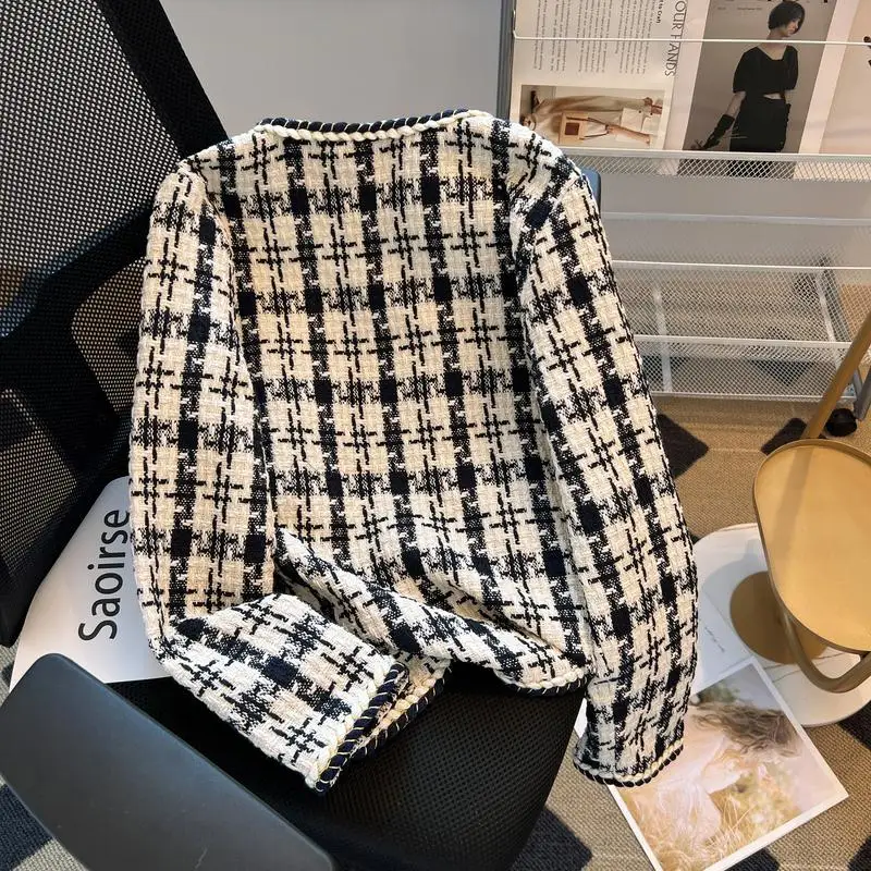 2023 Elegant Weave Plaid Women Blazer With Pocket And Lining Autumn Winter Causal Tweed Coat Office Ladies Suit Jacket