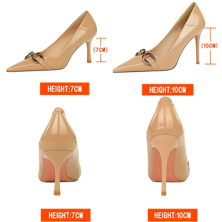 Luxury Women Pumps Metal Belt Buckle High Heels Patent Leather Women Heels Stilettos Career OL Office Shoes Plus Size 41 42 43