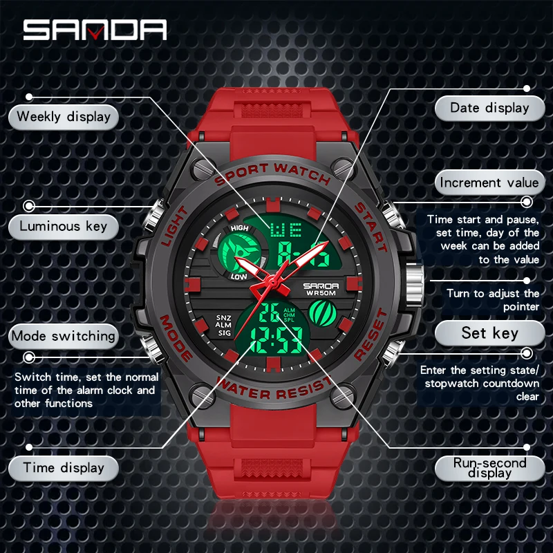 SANDA-Montre de sport militaire pour homme, montre-bracelet à quartz étanche, affichage numérique des touristes, horloge masculine