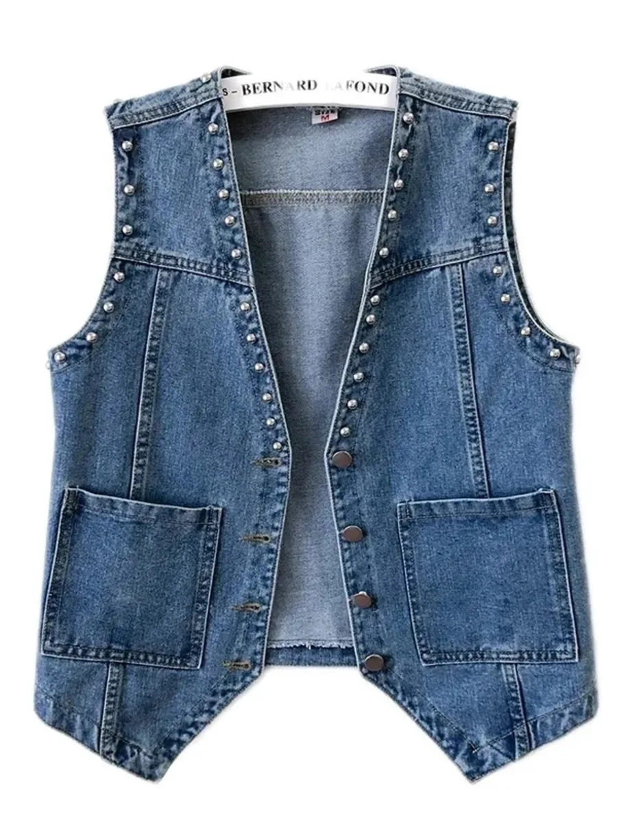 

Vintage Rivet Sleeveless Jacket V-neck Denim Vest Women Spring Autumn Female Short Jeans Coat Cowboy Waistcoat Female