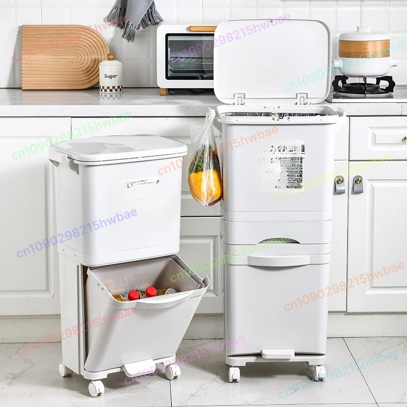 

Kitchen Trash Can Household Food Waste Classification with Lid Large Capacity High Double Layer Wet and Dry Separation Foot Step