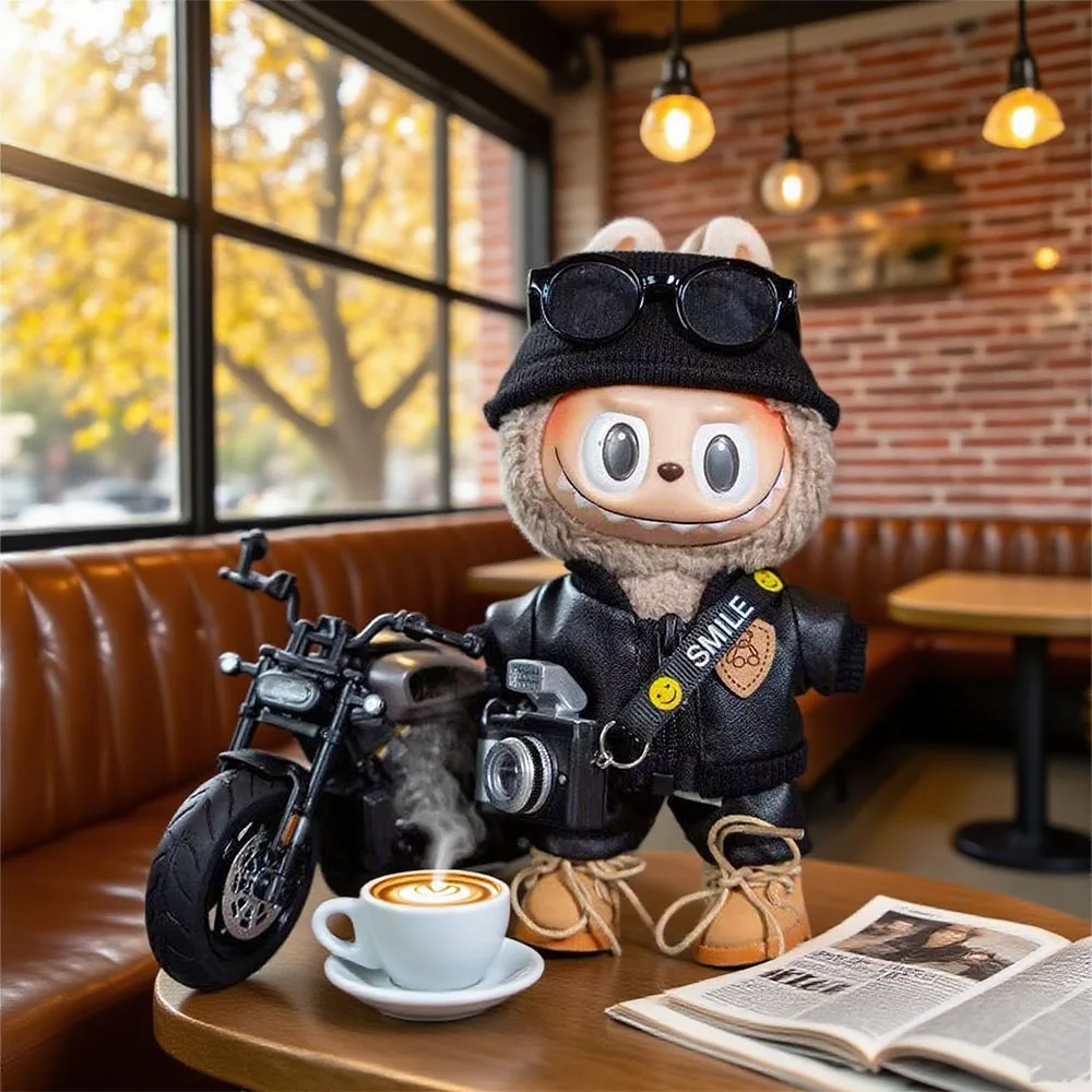 

Для Labubu 17 см кукла-макарон, детская одежда, трендовый повседневный костюм, только одежда для сидения, вечеринки, модный мотоцикл, маленькая кожа