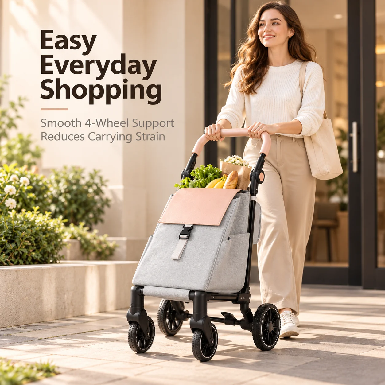 AOLIVIYA Foldable Shopping Cart With Wheels 60L Grocery Trolley Rolling Utility Cart Removable Bag Foot Brake Swivel Casters