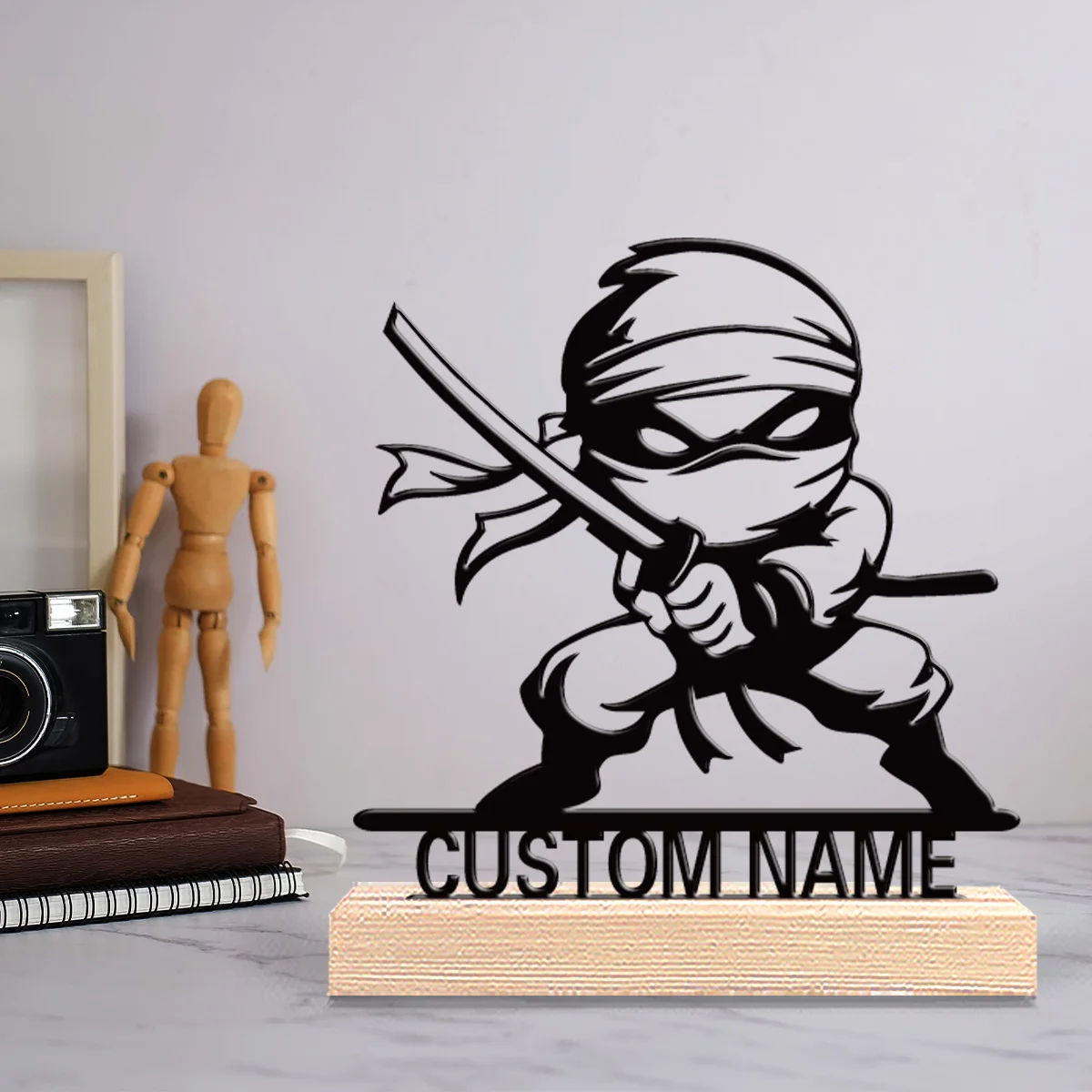 1pc Modern Ninja Custom Letter Tin Statue Metal Ornament Art Crafts With Wood Base Metal Sculpture With Wood Base Bedroom Table view 4
