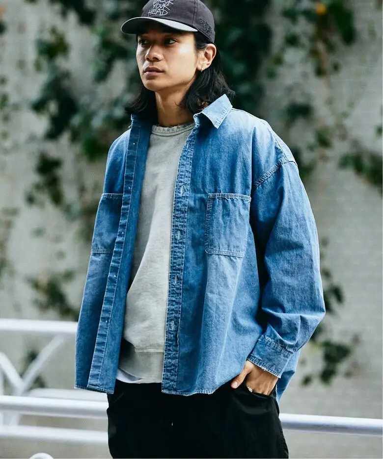 

Retro Waed Loose Casual Denim irt Stone inding Journal Stand Men's Cotton Long Sve irt Vintage Sle Pure Color