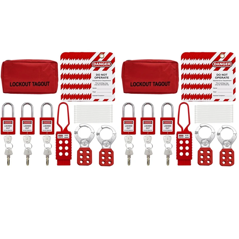 

2Set Lockout Tagout Kit, Nylon Ties, Safety Padlocks With Number,Group Lockout Hasps, Universal Kit With Red Pocket Bag