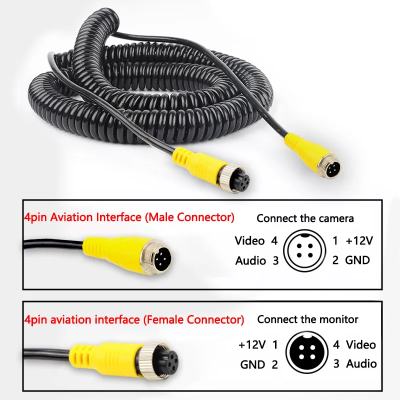 Mola espiral cabo de extensão para veículo câmera CCTV e monitor do carro, 8M, 4 PIN aviação conector, vídeo e cabo de áudio