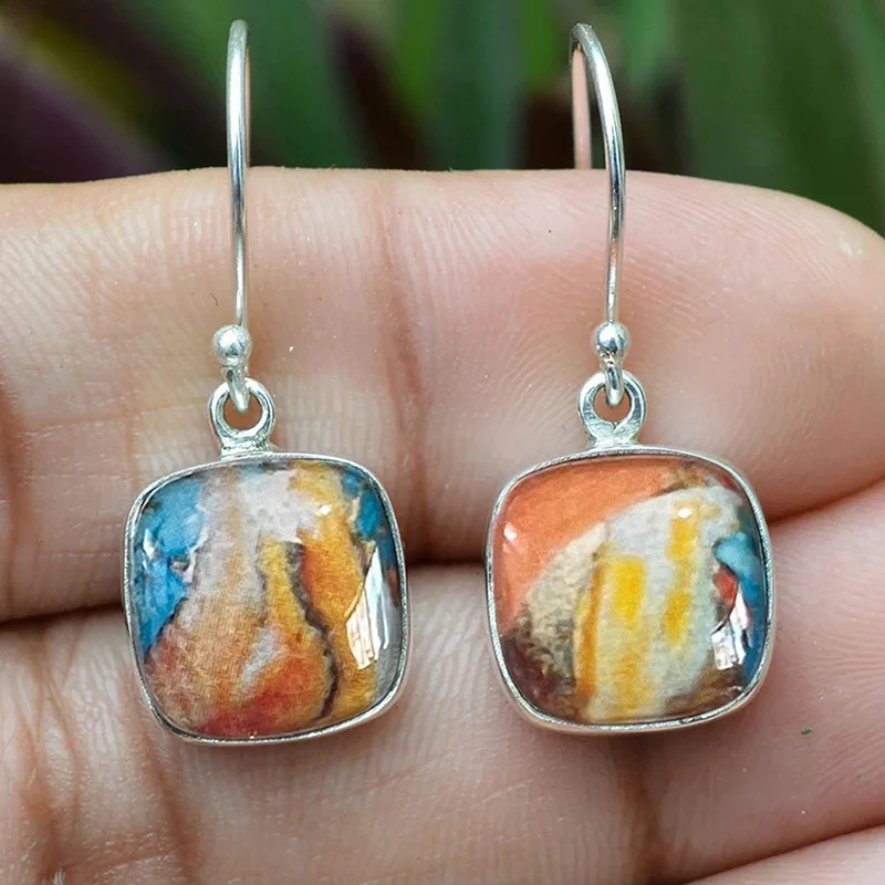 European and American Morning Glow Colored Stickers Eardrops for Women's Literature, Retro, Square, Fat, Geometric Jewelry