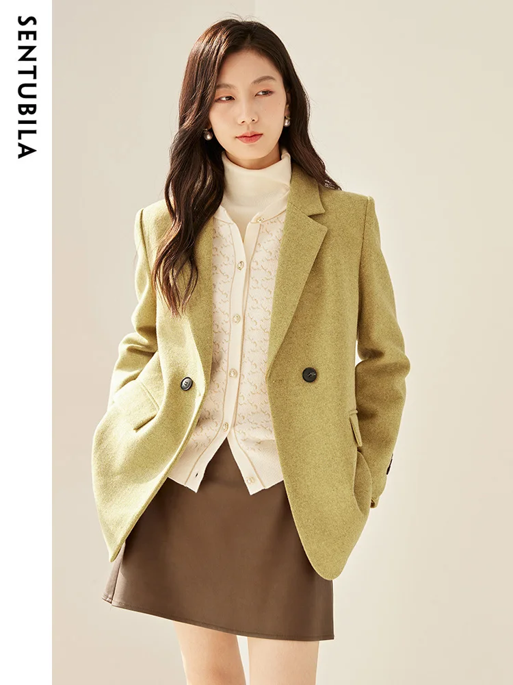 SENTUBILA Wool Blend Blazer Women 2024 Autumn Winter Notched Collar Woolen Coat Suit Jacket Office Lady New Outerwear 134X51728