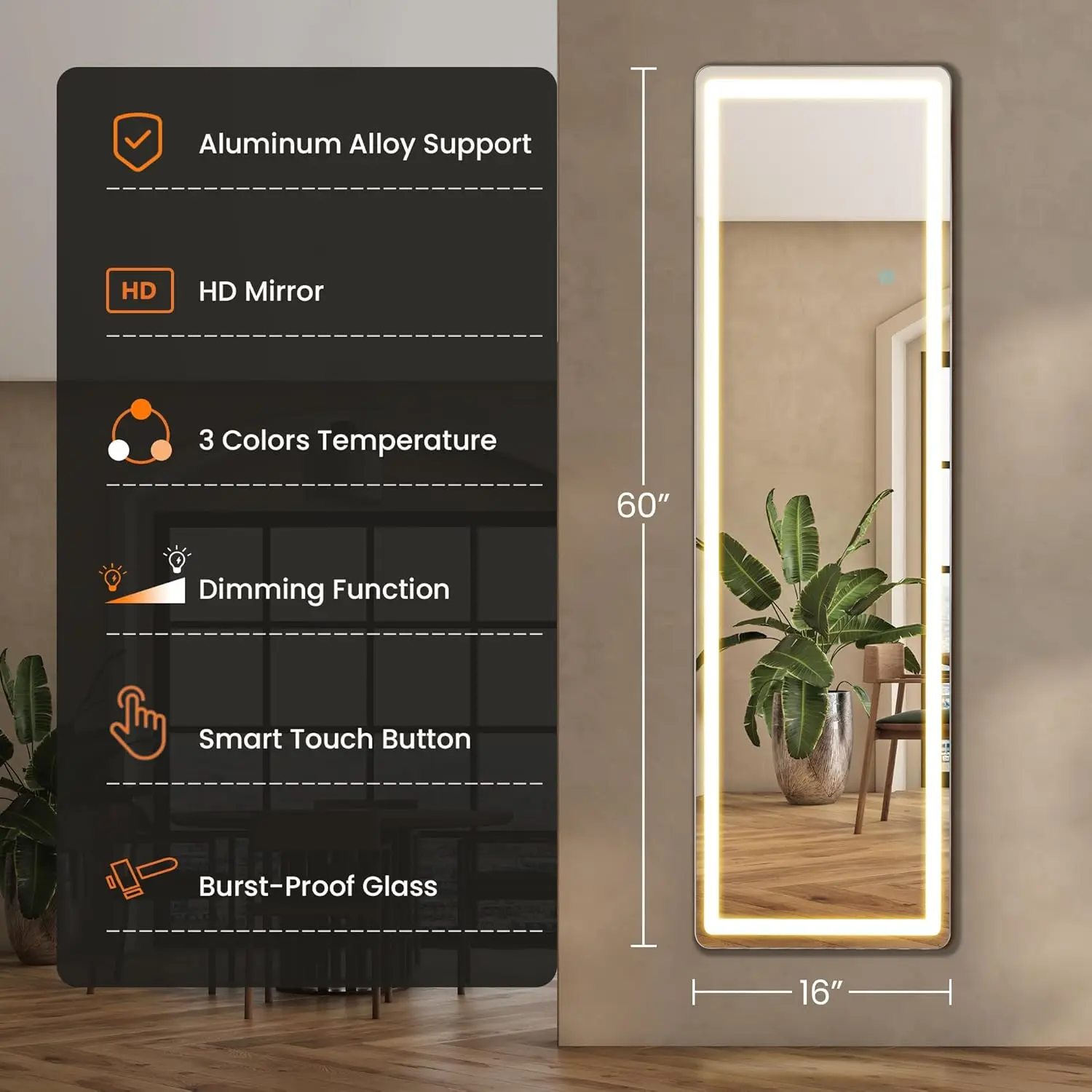 Full Length Contemporary Illuminated LED Floor Mirror Anti-Fog IP44 Rated Customizable Size For Bedroom Dressing Room Cloakroom