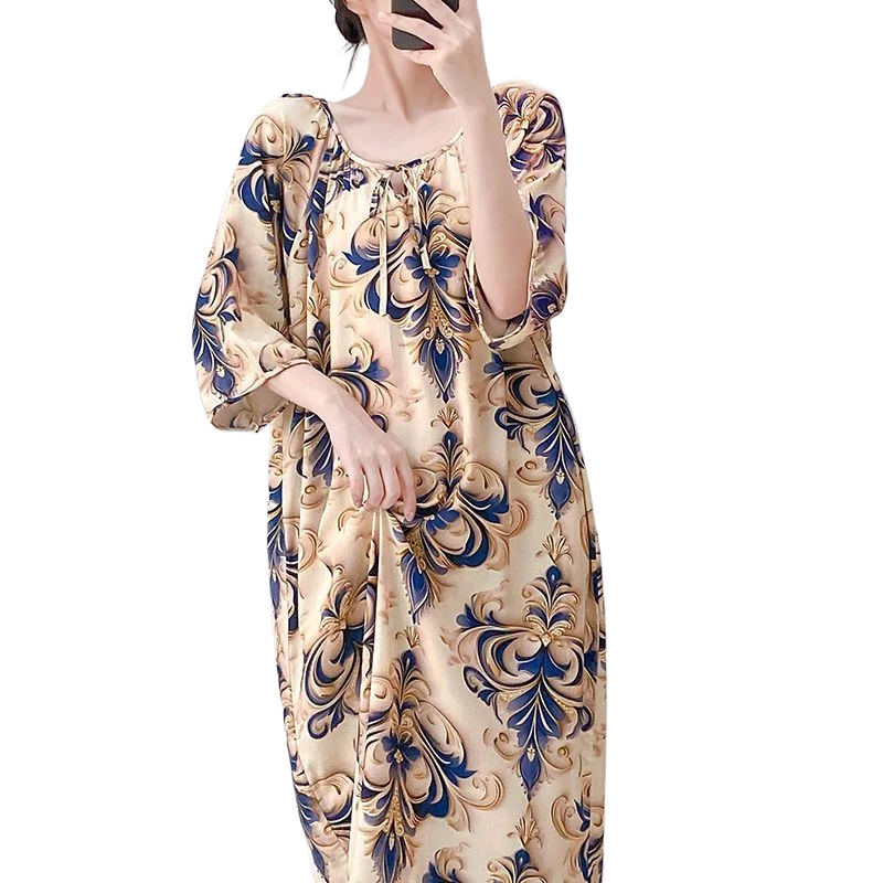 Summer Medium-sleeved Long Dress Large-size Maternity Dress Artificial Pajamas Women's Short-sleeved Cotton and Silk Nightgown