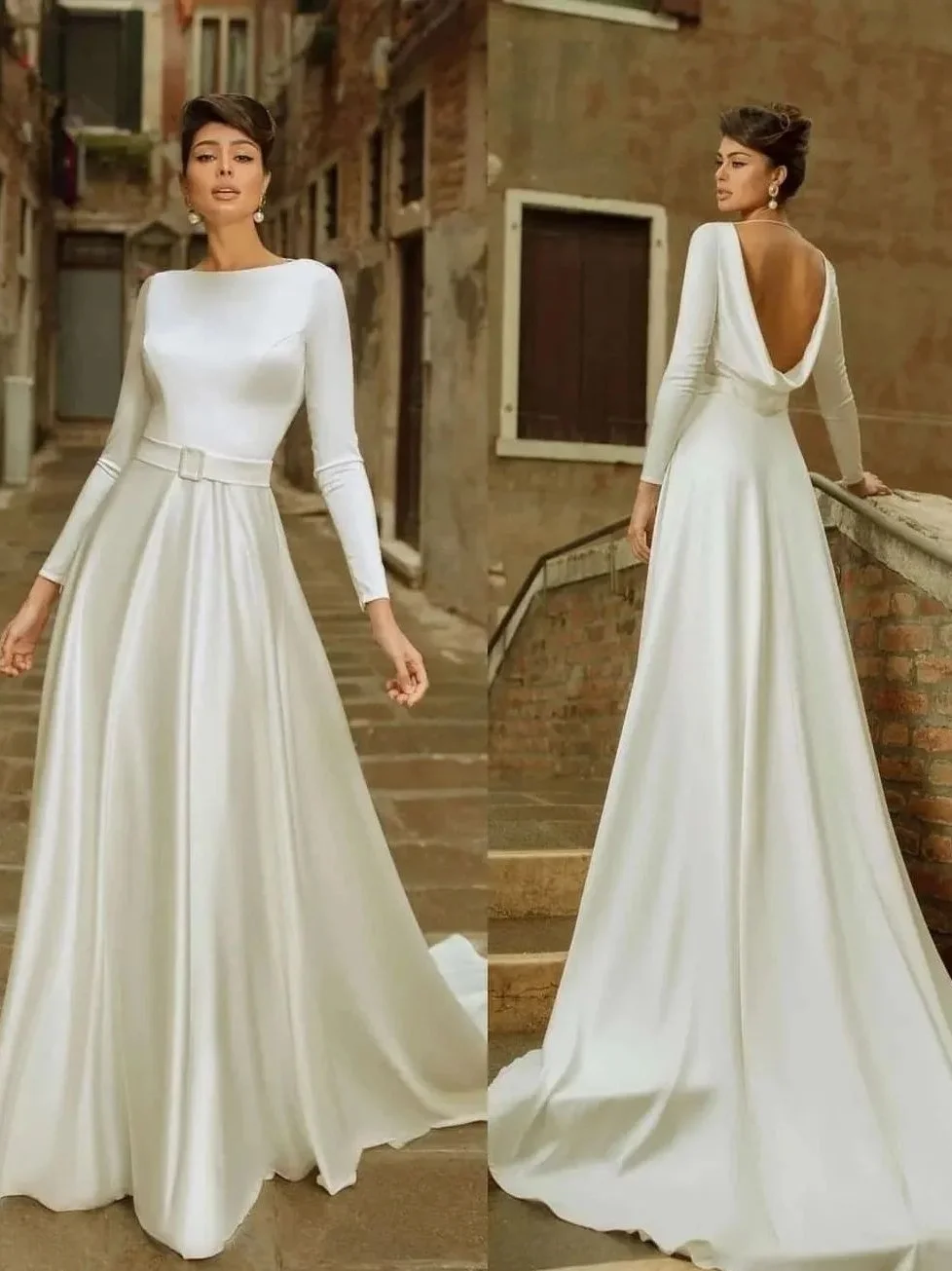 Customized Exquisite Satin A-Line Belt Evening Dresses Crew Neck Long Sleeves Open Back Panel Train Bespoke Occasion G