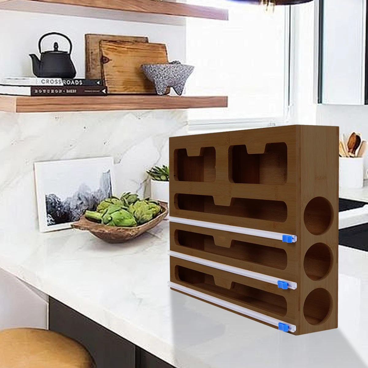 Plastic Wrap Dispenser With Cutter And Labels, Bamboo 5 Compartment Wall Mounted Packaging Organizer(multicolor)