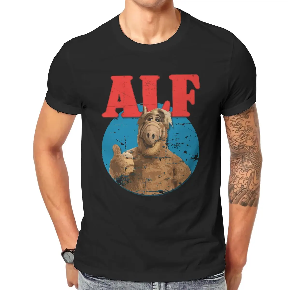 ALF anni '80 vintage alieno movimento T-shirt stampata in puro cotone Camicie grafiche da uomo di grandi dimensioni