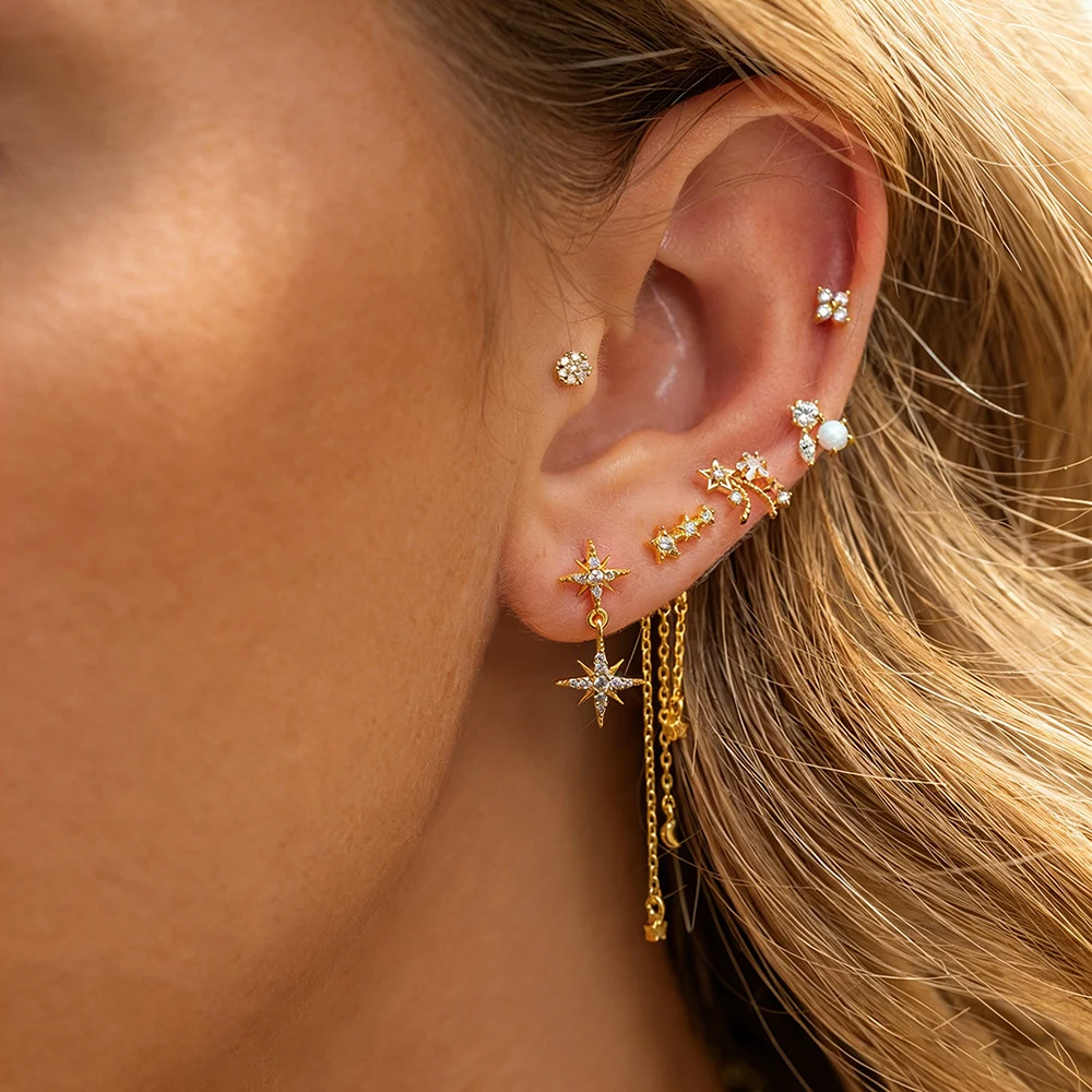 

Stackable Boho Star Moon Earring Set Gold Plated Cubic Zirconia Chain Drop Cartilage Studs for Women Daily Jewelry