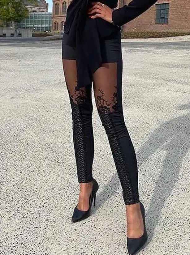 Women's Sexy Fashion Sheer Mesh Lace Embroidery Patch Skinny Pants Daily Clothing Night Out Female Plain Casual Trousers