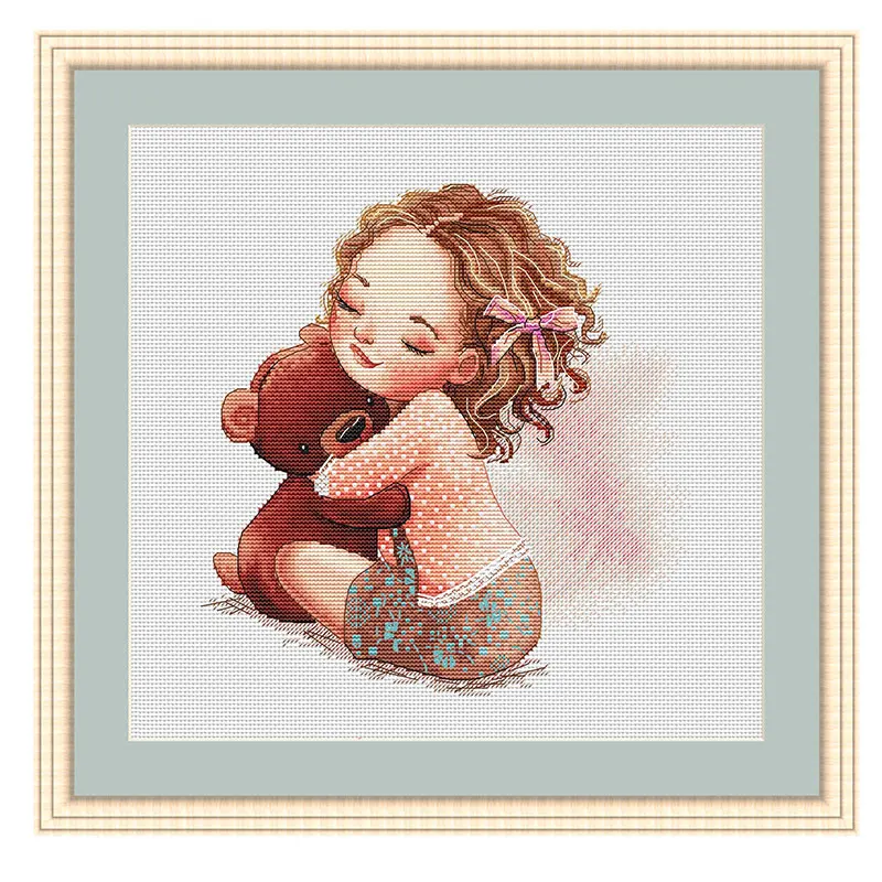 Precision Print Embroidery E1268 Cartoon Little Girl And Bear Fishxx Cross Stitch Kit