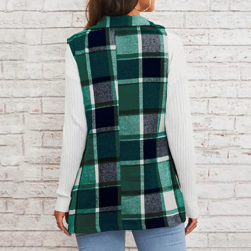 Plaid Vest Plaid Print Vest Coat for Women Retro Mid Length Waistcoat with Turn-down Collar Button Down Closure Stylish for Fall