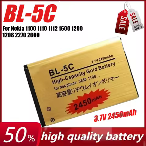 3.7V 2450mAh BL-5C Rechargeable Lithium Battery for Nokia 1100 1110 1112 1600 1200 1208 2270 2600 Phone Battery