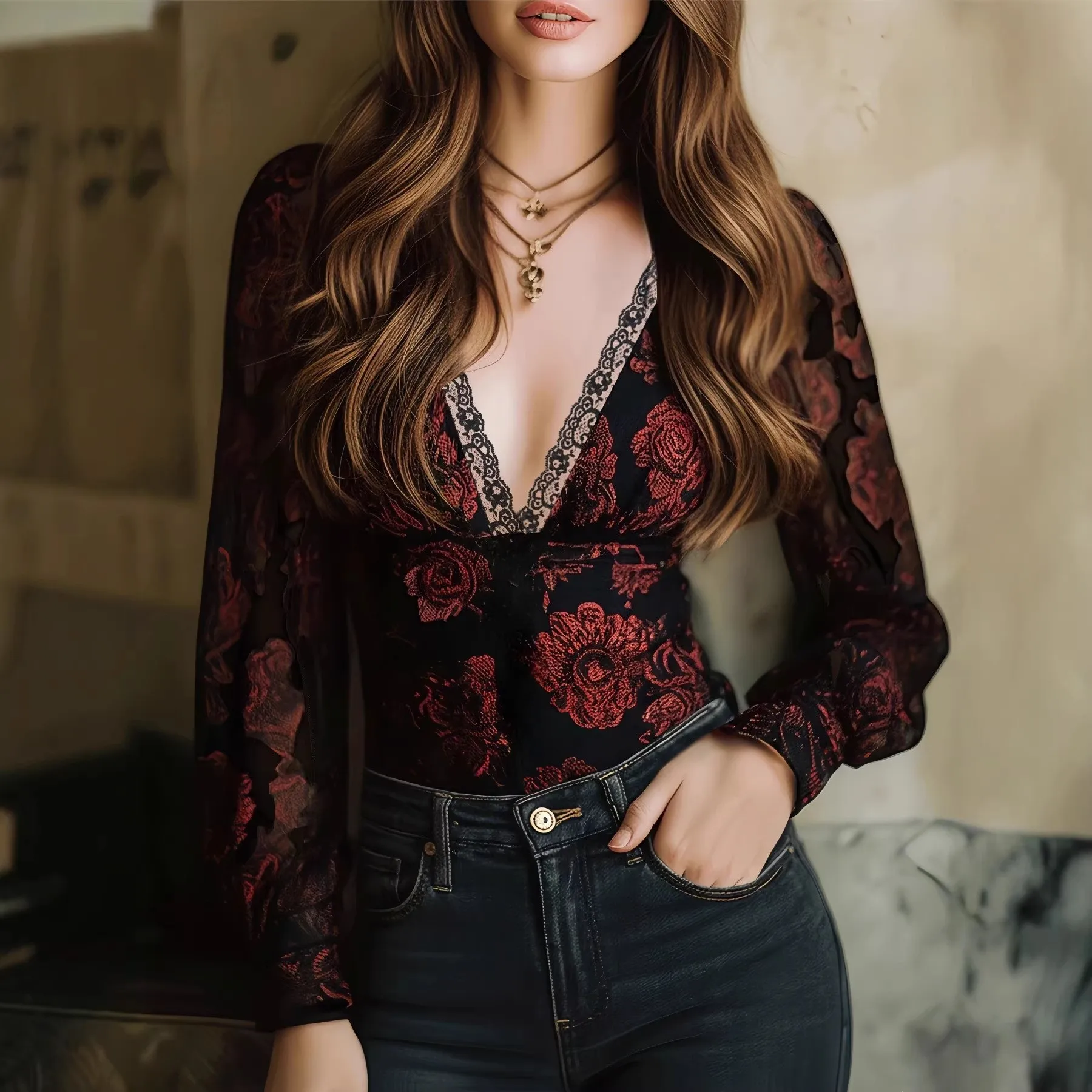 Printed V Neck Shirt Midi Length Elegant Slim Fit with High Stretch Regular Sleeve Pullover Spring Bohemian Print Women Blouse
