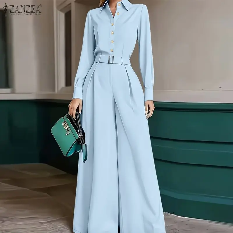 

Женский элегантный костюм ZANZEA: рубашка с отложным воротником и длинными рукавами, брюки с широкими штанинами, весенний комплект из 2 предметов, стильный офисный костюм для работы.