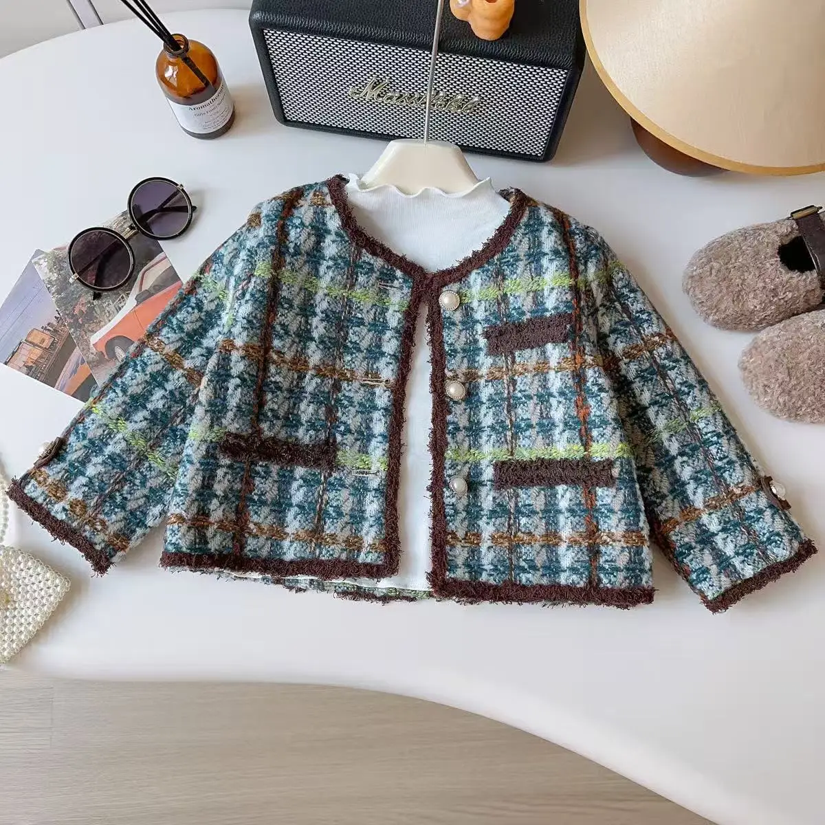 

Kids Girls Little Fragrant Wind jacket Spring and Autumn New Baby Girl Foreign Fashion Plaid Long-sleeved Jacket 90-140cm