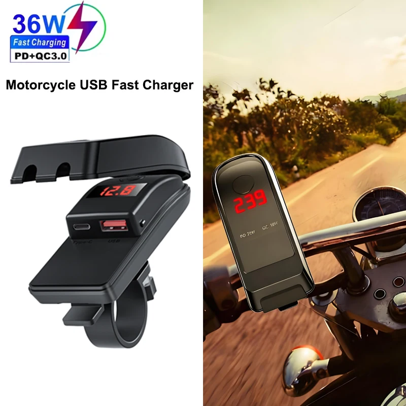 

PD QC3.0 Мотоциклетное быстрое зарядное устройство USB Водонепроницаемое с вольтметром Разъем типа C Порт Разъем Адаптер для быстрого зарядного устройства на руль
