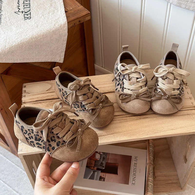 Toddler Kids Leopard Print Sneakers, Faux Suede Lace Up Casual Shoes, Non-Slip Soft Sole Baby Walking for Boys Girls Daily Wear