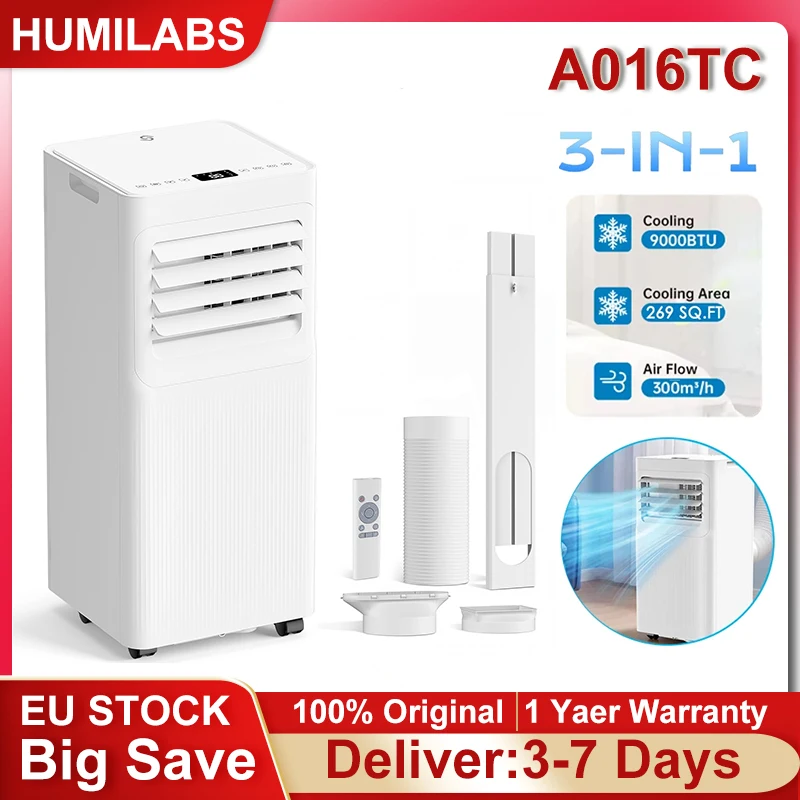 Climatiseur portable HUMILABS A016TC 9000 BTU, ventilateur de refroidissement, débit d'air 300 m³/h, déshumidificateur, ventilateur 2 vitesses, minuterie 24H, climatisation mobile avec télécommande