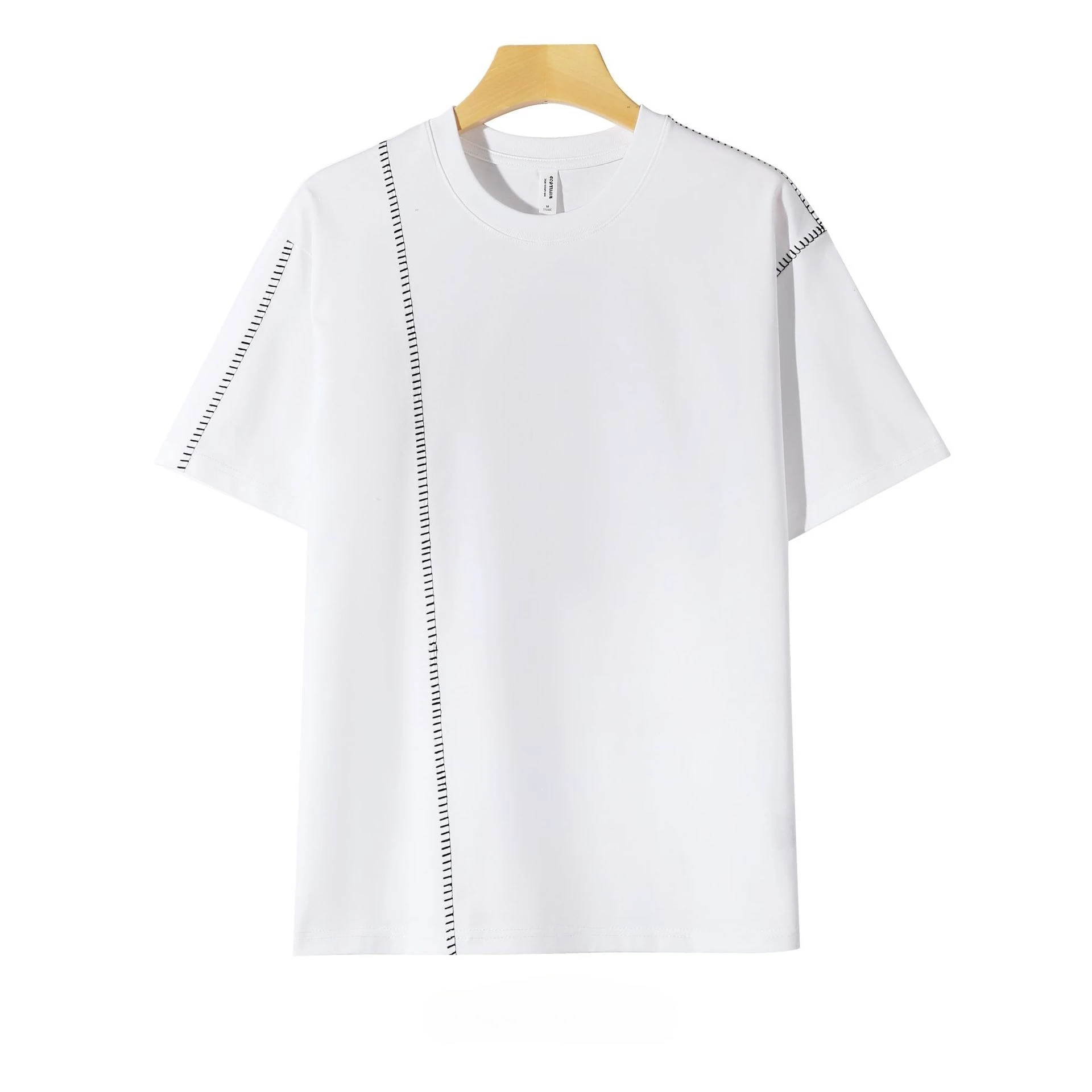 2026 New Bright Line Men's T-shirt Cotton Casual Heavy Long-staple Men T shirt Loose Trendy Short-sleeved Man Tops Tees For Male
