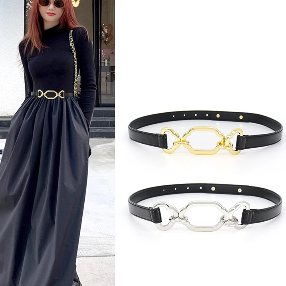 Reversible Belts For Women Girls Fashion Waist Belt Split Leather Metal Buckle 2023 New Dress Belt Alloy Waistband Golden Brown