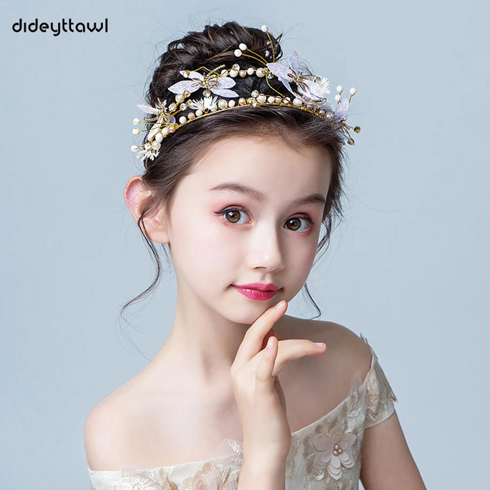 Dideyttawl Gold Metall Blumen Mädchen Headwear Prinzessin Mädchen Tiara Für Hochzeit Geburtstag Party Strass Haar Zubehör