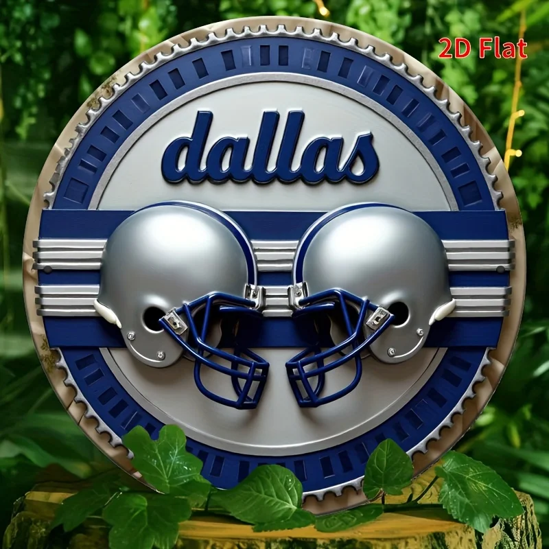 2D Flach – 8-Zoll Rundes Dallas Football Helm Aluminiumschild – Wasserdicht, Witterungsbeständiger Hochauflösender Druck, Vorgebohrt
