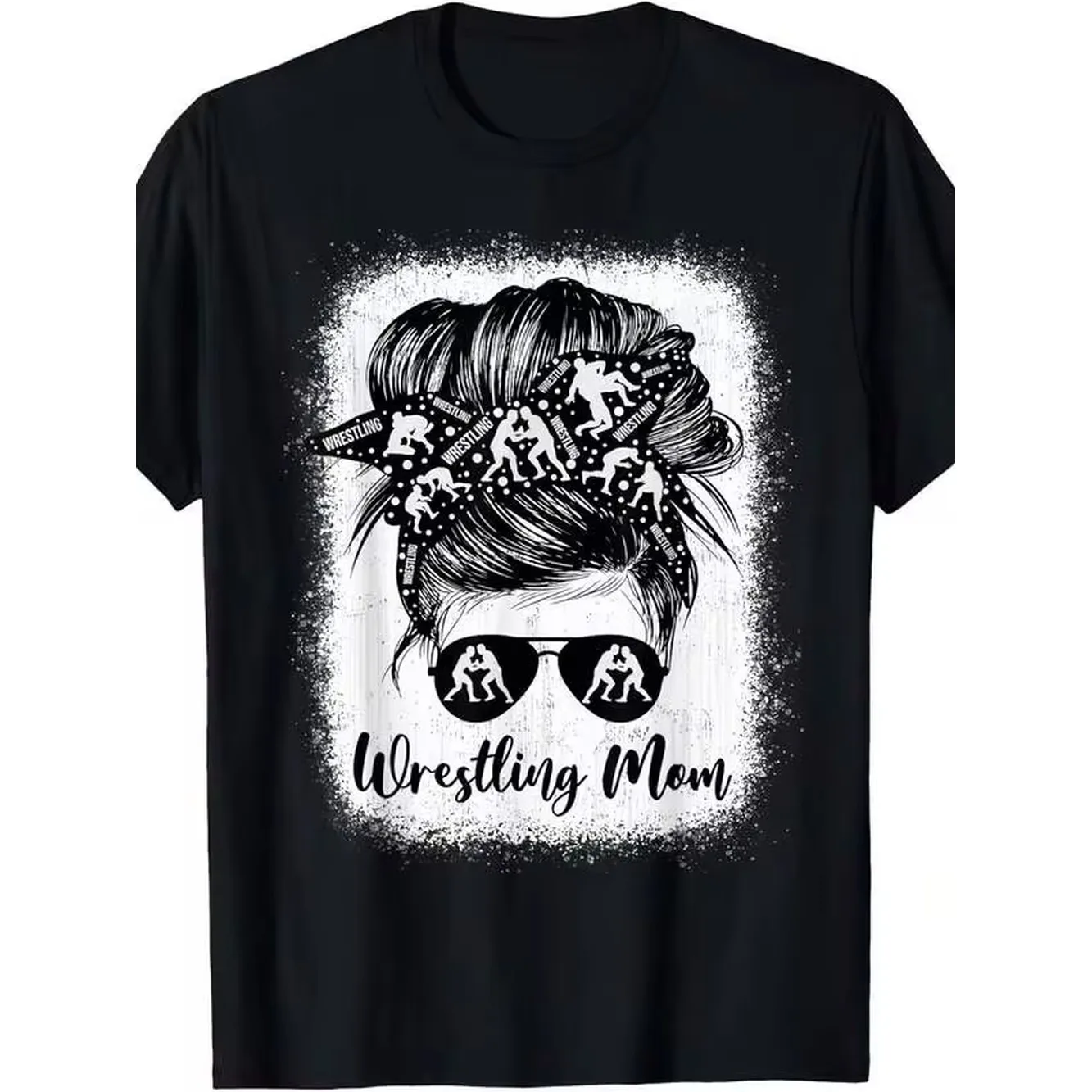 Women Wrestling Mom Wrestler Messy Bun Lightweight Mother's Day Gift Shirt Wrestling Moms Black Crewneck Top Regular Fit Perfect Matches Practice Mom