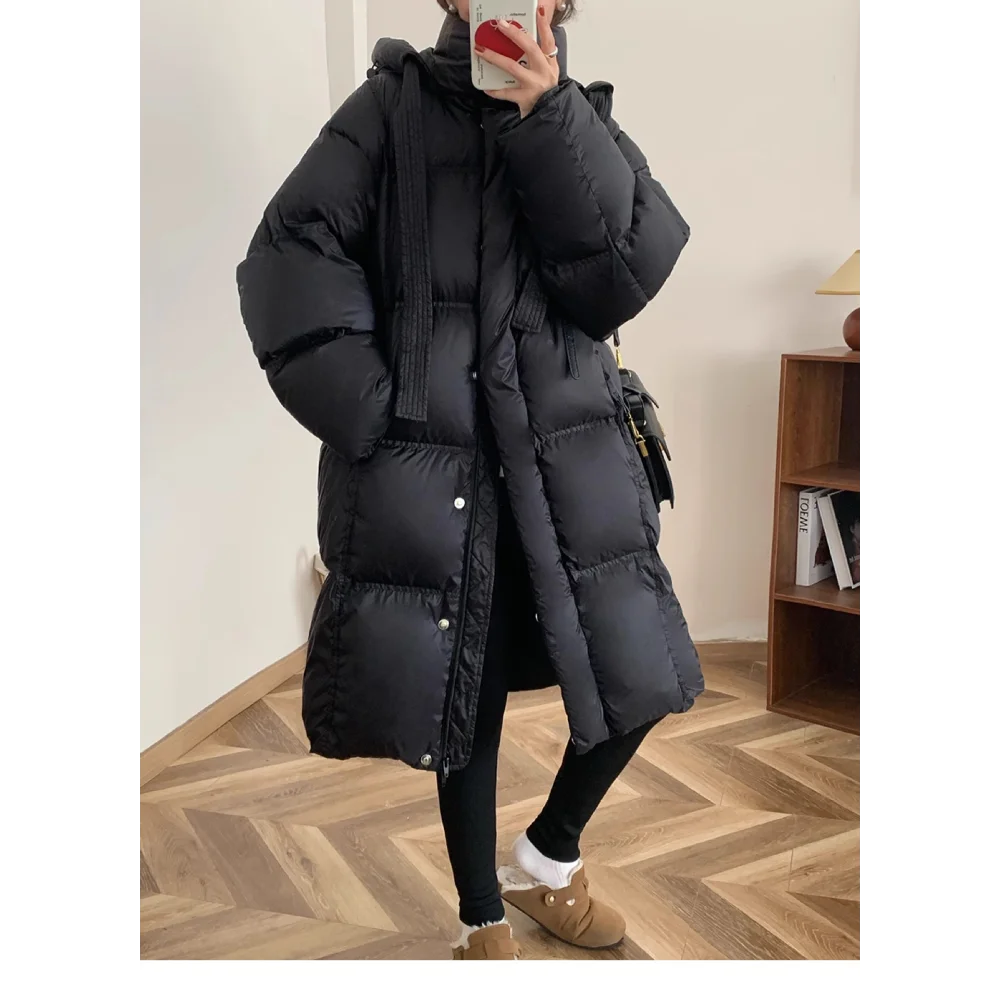 Long Down Coats  Women\'s Down Jacket Winter  Thickened Warm Loose Hooded Oversized  White Duck Down Fashion Padded Cold Parka