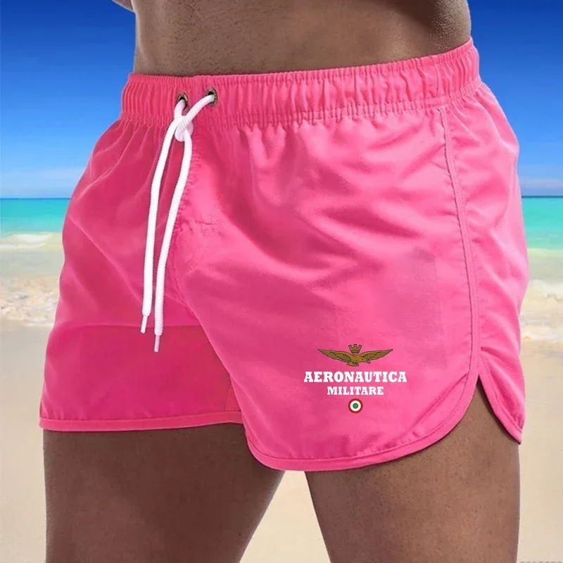 Shorts de natação estampados masculinos, shorts de praia de secagem rápida, terno de banho, bolso respirável, 2024