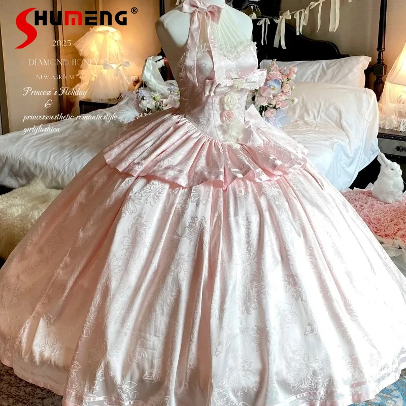 

Sweet Dresses Ladies Autumn Slimming Halter Pink French Style Elegant Romantic Long Dress Pink Color High-waisted Vestidos Women
