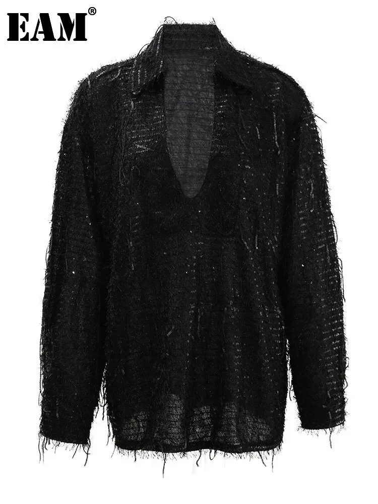 [EAM] Women Black Sequins Tassels Big Size Shining Blouse New V-neck Long Sleeve Shirt Fashion Tide Spring Autumn 2024 CPG1631