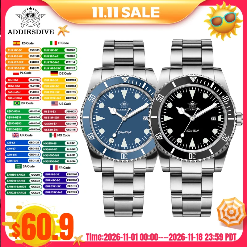 ADDIESDIVE 39mm Quartz Watches 316L Stainless Steel BGW9 Blue Luminous 20Bar Waterproof AD2068 Display Calendar Men's Watches
