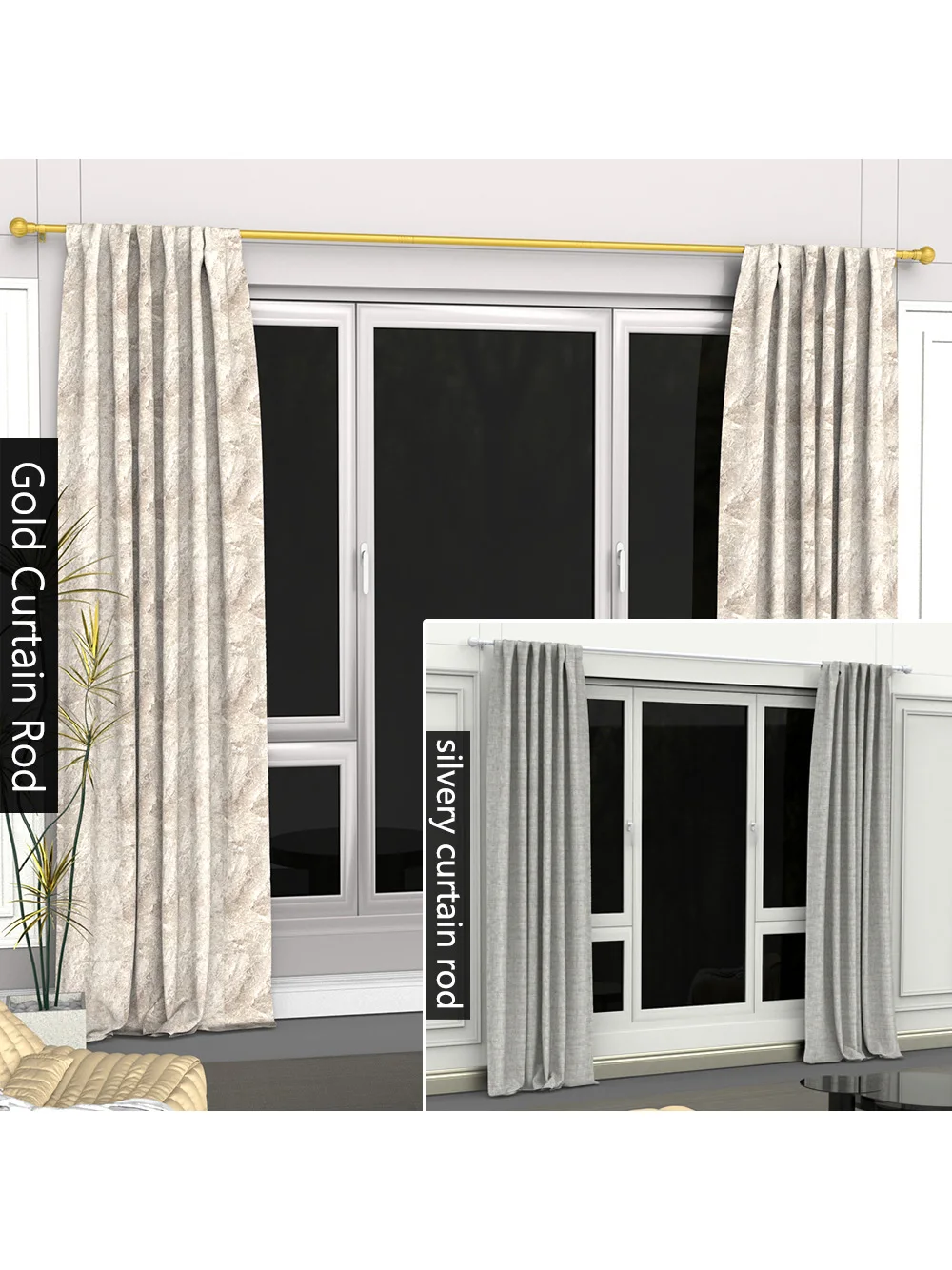 5/8 Zoll Metall-Gardinenstange/Römerstange, maximale Länge 45 Zoll - 147 Zoll, geeignet für 1m, 2m, 3m Fenster, verstellbares Gardinenstangensystem, moderner Dekorationsstil. – Detail 7