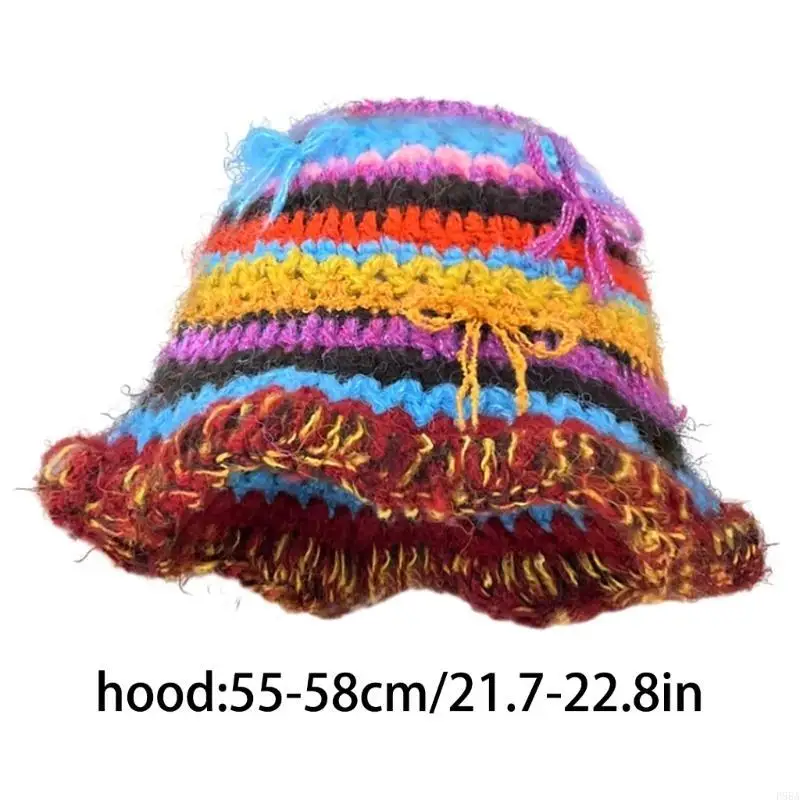 P88A لطيف القوس دلو قبعة Handcrochet محبوك قوس قزح مخطط بيني قبعة الصيد