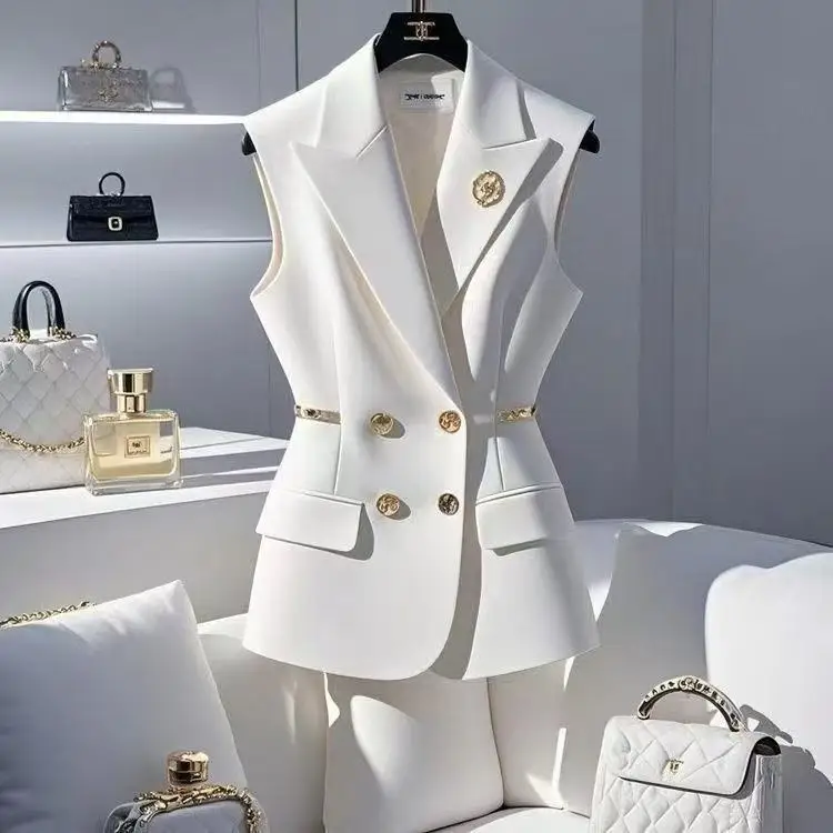 

Новый высококачественный жилет, женские пиджаки без рукавов, простые однобортные офисные женские повседневные темпераментные пальто, шикарная корейская мода 2025