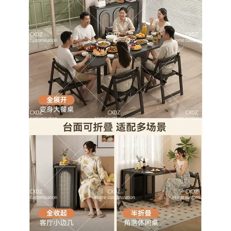 Black Rectangular Solid Wood Rock Slab Folding Dining Table Retractable Small Apartment Household Light Luxury Invisible