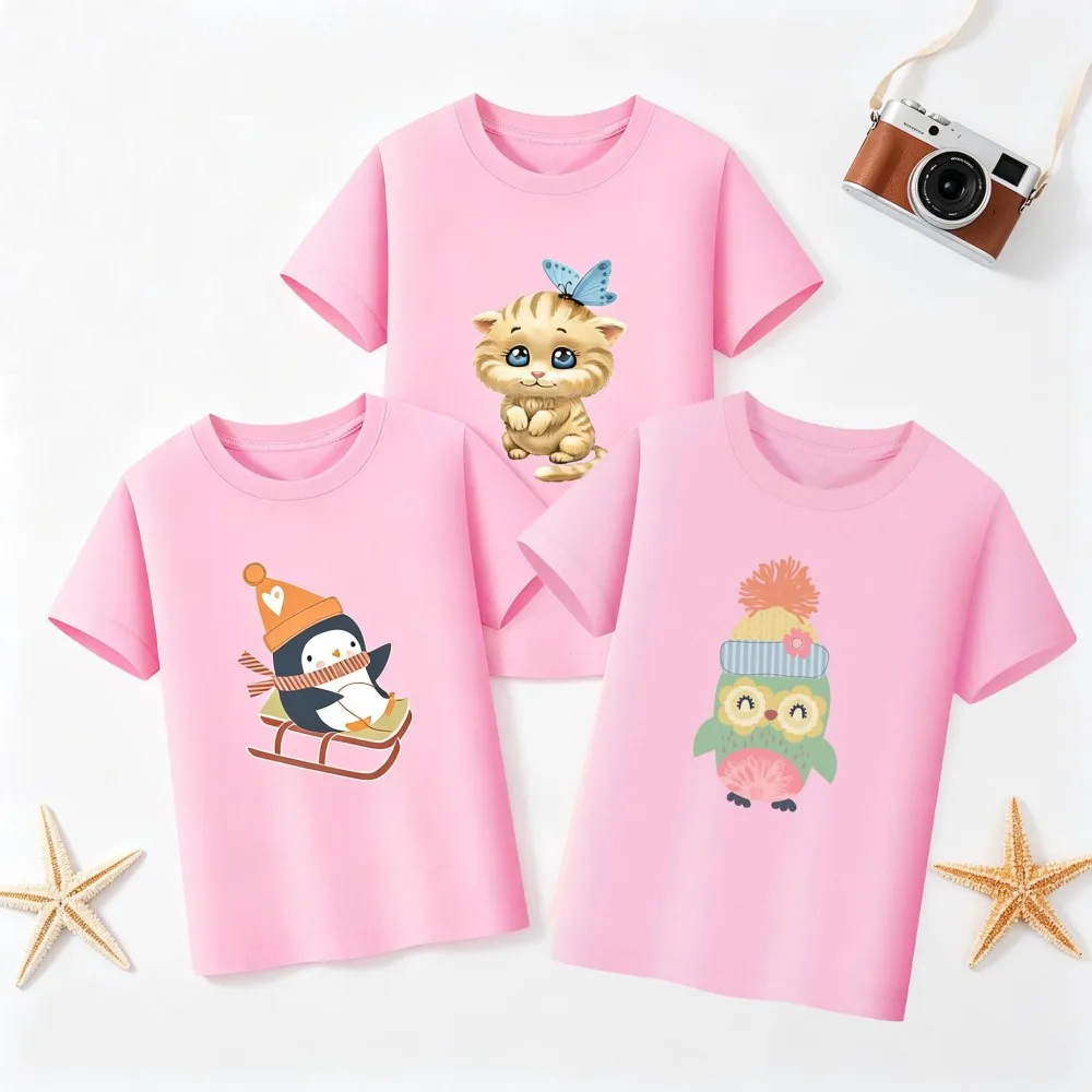 Pink Girls T Shirts Summer Cotton Teenagers Clothes Cat Penguin Cartoon Tshirt Toddler 1 to 2 3 4 5 6 7 8 9 10 11 12 13 14 Years