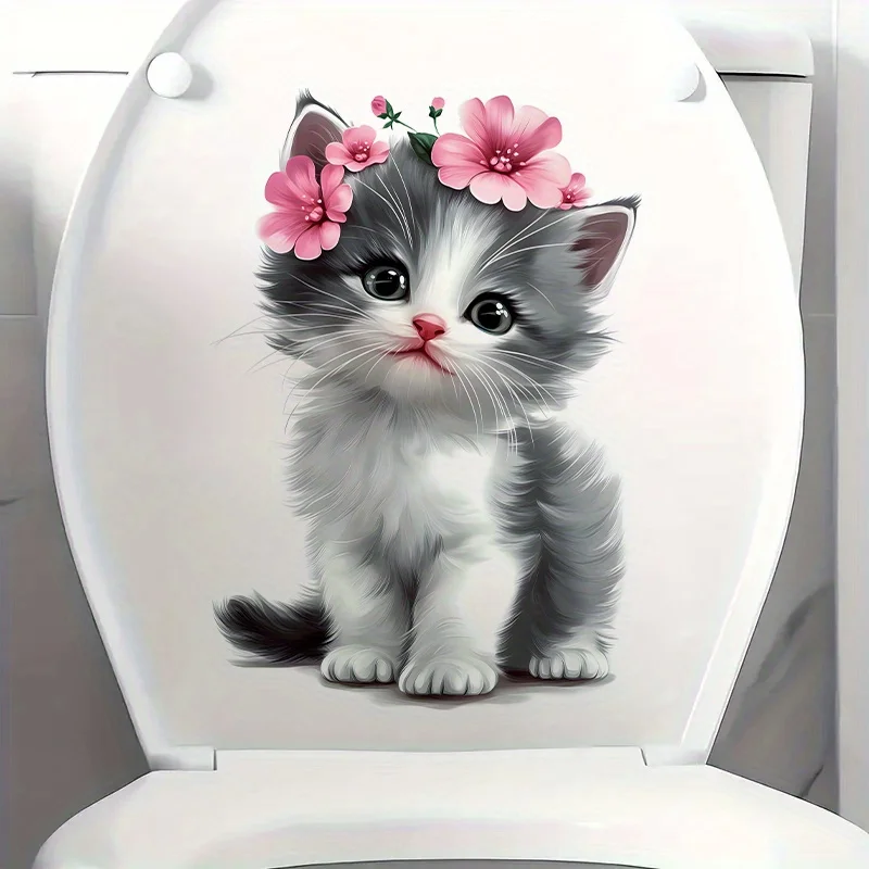 1 قطعة هريرة الوردي الزهور ملصق فينيل الحمام ملصق مائي لغطاء المرحاض الثلاجة عطلة ديكور القط الحمام ديكور غطاء المرحاض الديكور #1